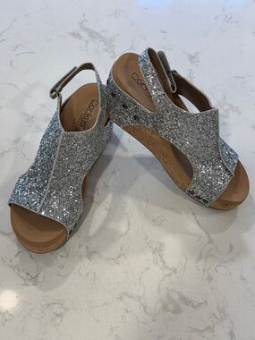 Corkys Carley Silver Glitter Wedge Sandals - New Without Box